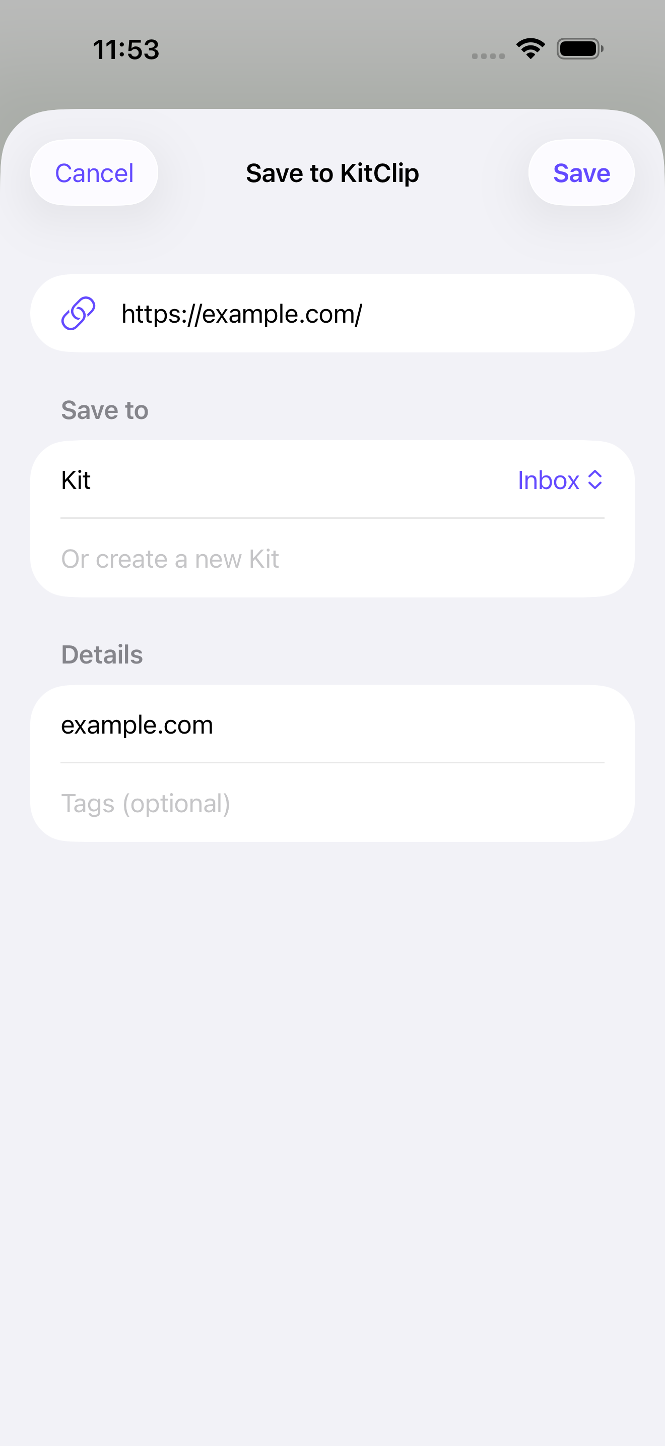 Saving a web link with the KitClip share extension